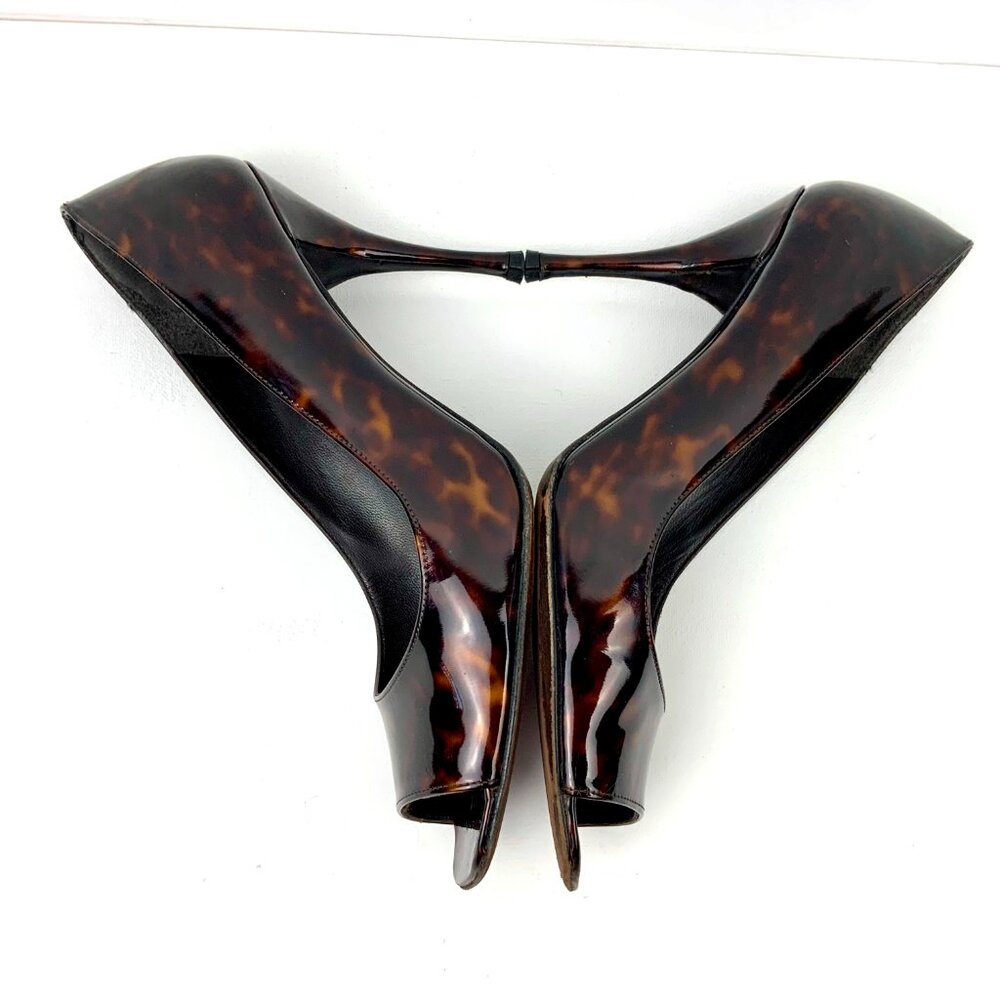 Stuart Weitzman Brown Patent Leather Tortoise Shell Peep Toe Pumps Size 9.5M - Picture 10 of 16